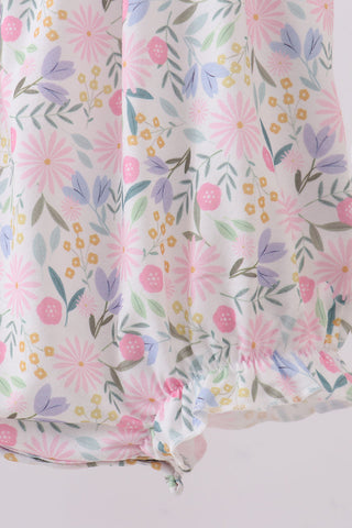 Purple floral smocked ruffle bubble