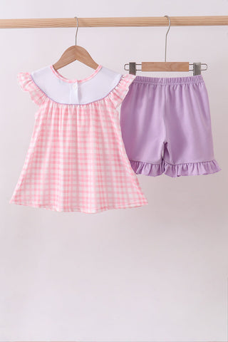 Pink octopus starfish embroidery plaid ruffle shorts set