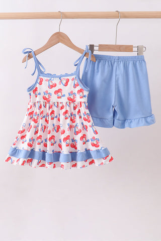Blue cherry smocked ruffle shorts set
