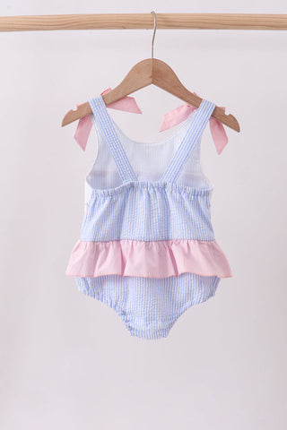 Blue stripe seersucker crab embroidery swimsuit