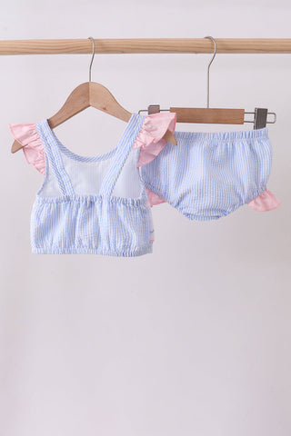 Blue stripe seersucker crab embroidery 2pc ruffle swimsuit