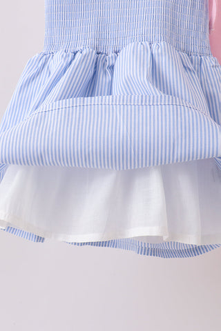 Blue Stripe Bow Smocked Ruffle Shorts Set