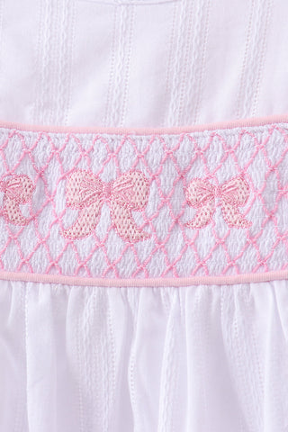 White Bow Smocked Jacquard Dress