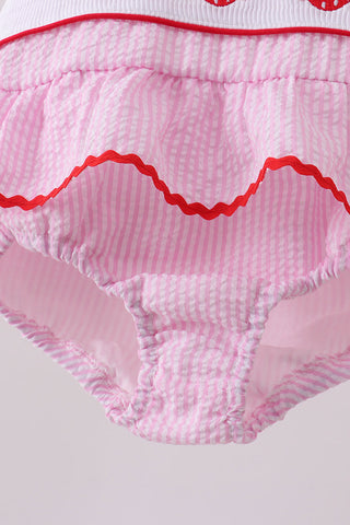 Pink stripe seersucker strawberry smocked one-piece swimsuit