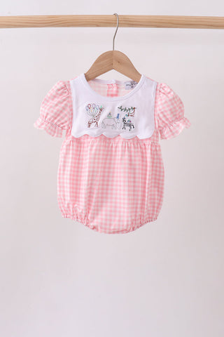 Pink Gingham Animal Embroidered Knit Bubble