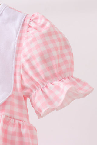 Pink Gingham Animal Embroidered Knit Bubble