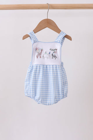 Blue Gingham Animal Embroidered Knit Bubble