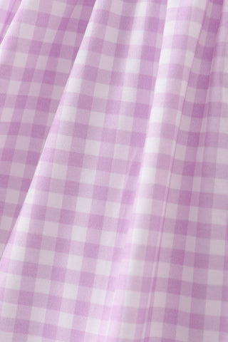 Purple floral embroidery gingham ruffle dress