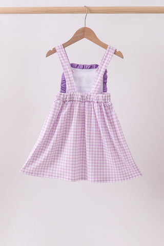 Purple floral embroidery gingham ruffle dress