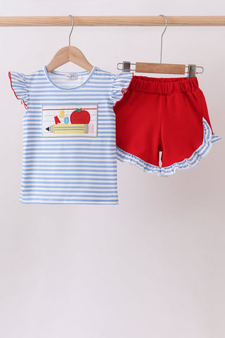 Blue School Apple Applique Knit Set
