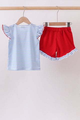 Blue School Apple Applique Knit Set