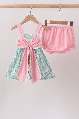 Pink Bow Floral Knit Bloomer Set