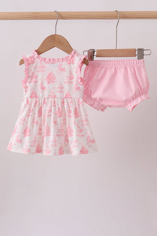 Pink Sailboat Embroidered Knit Bloomer Set