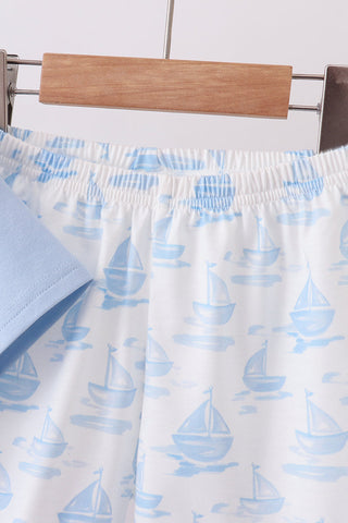 Blue Sailboat Embroidered Knit Set