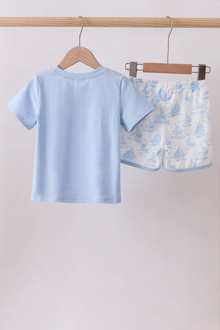 Blue Sailboat Embroidered Knit Set