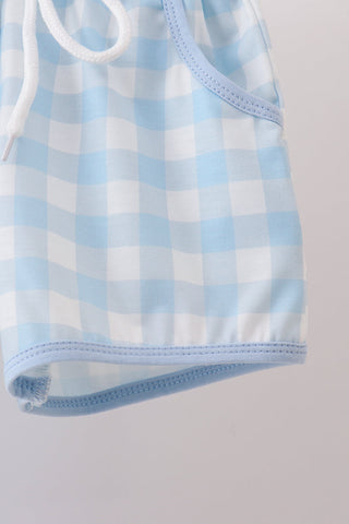 Blue Apple Embroidered Gingham Shorts Set