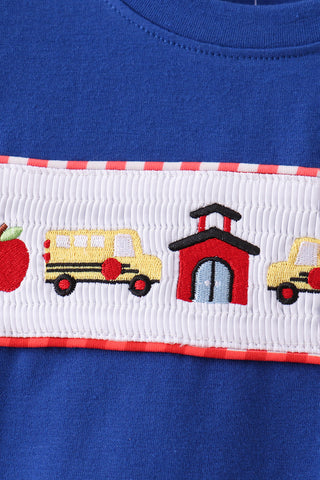 Navy School Bus Smocked Gingham Shorts Set
