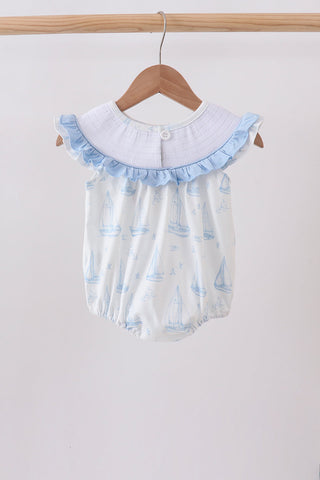 Blue Sailboat Smocked Ruffle Bubble