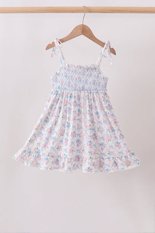 Blue Floral Smocked Ruffle Dress