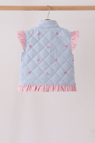 Blue corduroy bow embroidery ruffle vest