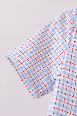Blue Apple Embroidered Plaid Shorts Set