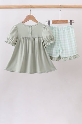 Green football french knot gingham ruffle shorts set