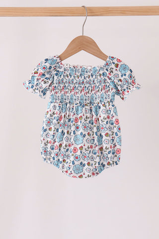 Blue floral smocked ruffle bubble