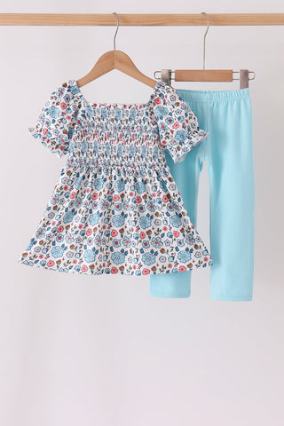 Blue floral smocked ruffle pants set