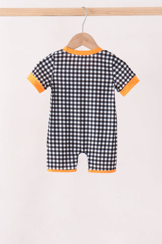 Black ghost spider embroidery gingham romper