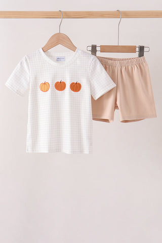 Khaki Pumpkin Embroidery Shorts Set