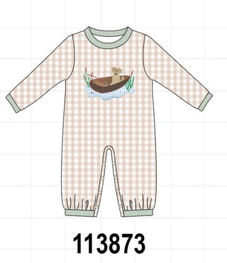Khaki Puppy Fishing Gingham Romper