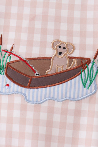 Khaki Puppy Fishing Gingham Romper