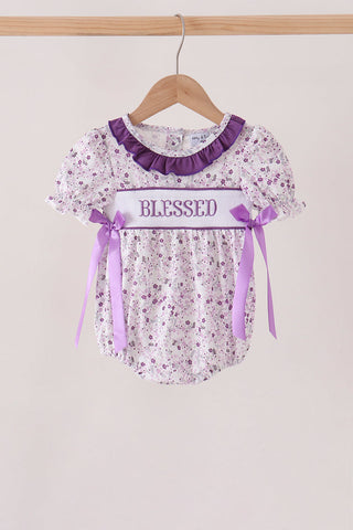 Purple floral blessed smocked ruffle bubble