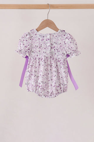 Purple floral blessed smocked ruffle bubble