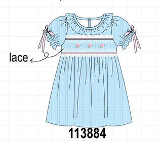 Blue Floral Smocked Lace Ruffle Dress