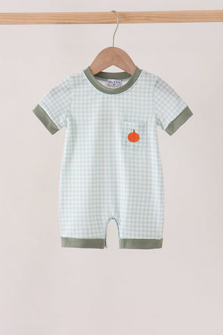 Sage pumpkin embroidery gingham romper