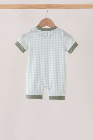 Sage pumpkin embroidery gingham romper