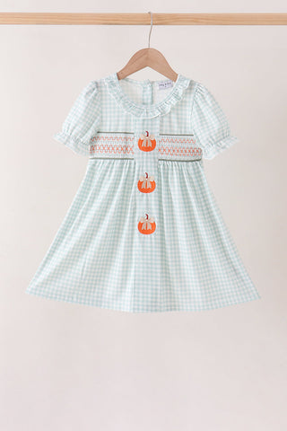 Sage pumpkin smocked gingham dress