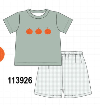 Sage pumpkin embroidery gingham shorts set
