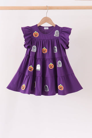 Purple ghost pumpkin sequin ruffle dress