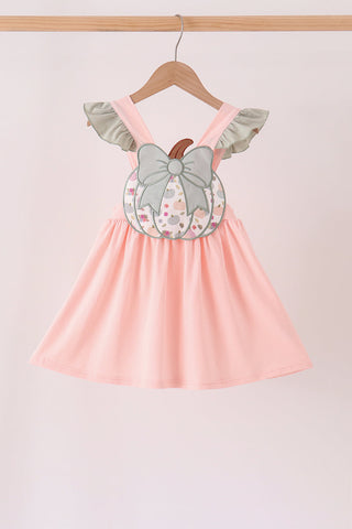 Pink pumpkin bow applique ruffle dress