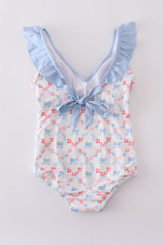 Blue bow lattice print  mom swimsuit