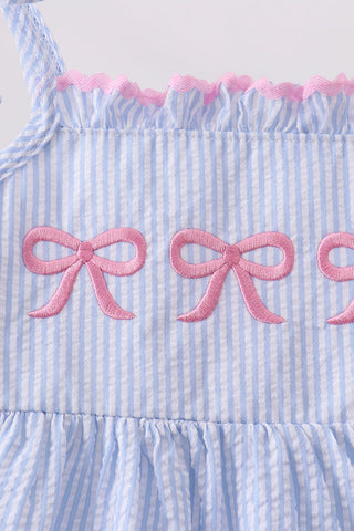 Blue Bow Embroidered Stripe Ruffle Dress