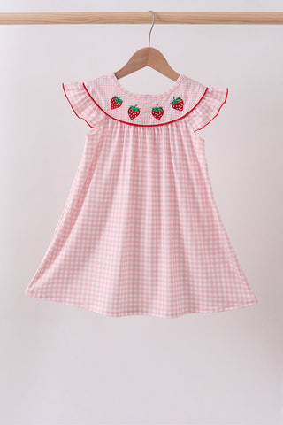 Pink strawberry embroidery gingham dress