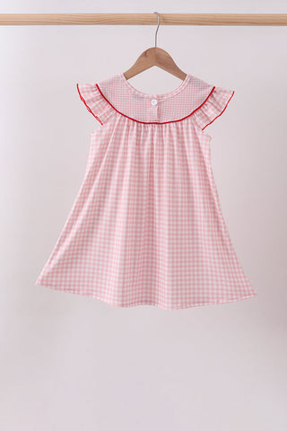 Pink strawberry embroidery gingham dress