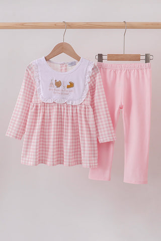 Pink plaid print turkey embroidery girl set