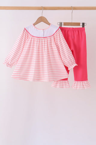 Pink Stripe Princess Embroidery Ruffle Pants Set