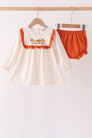 Cream turkey pumpkin embroidery ruffle bloomer set