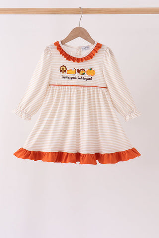 Cream turkey pumpkin embroidery ruffle dress