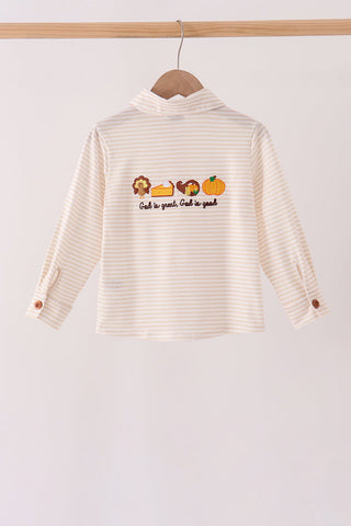 Cream turkey pumpkin embroidery button down shirt